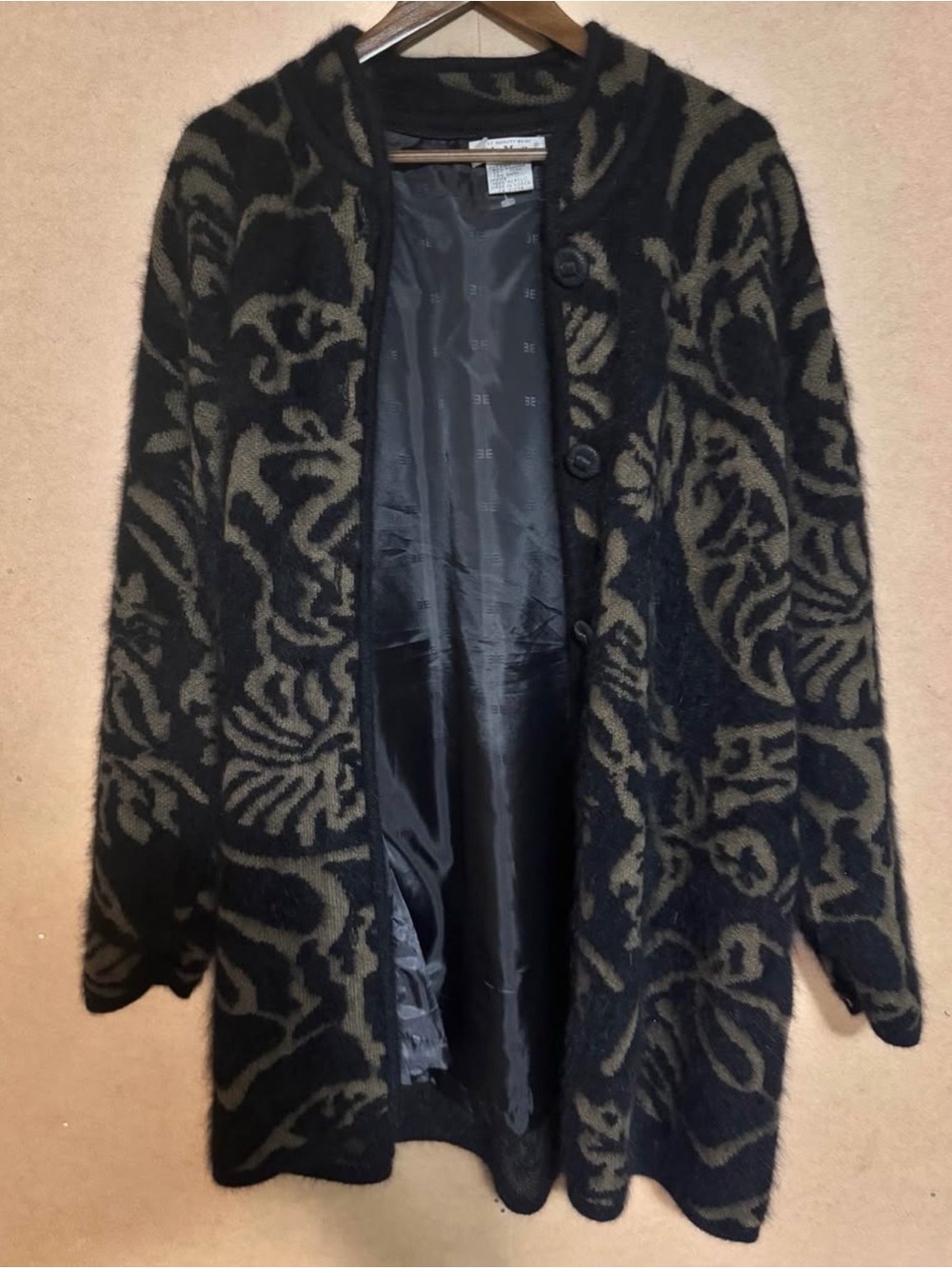 100% Angora Wool Floral Pattern Open Cardigan - Black & Olive